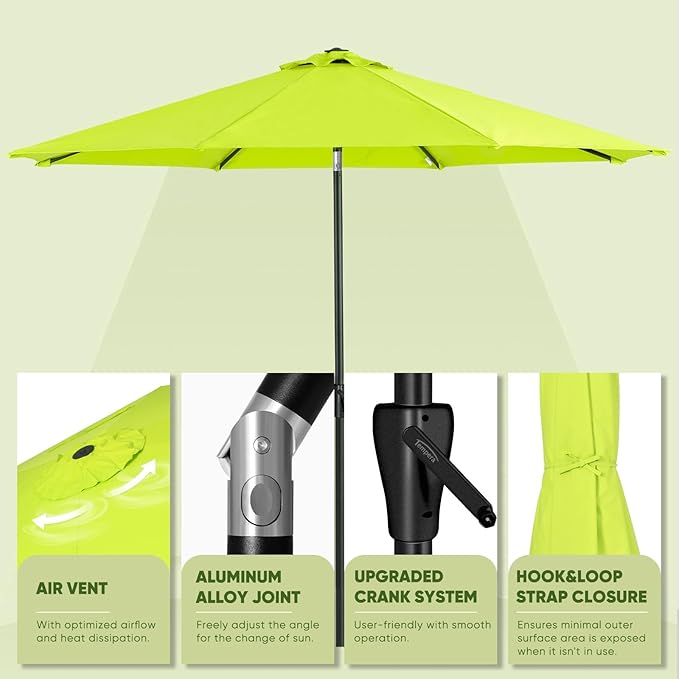 Tempera Patio Market Outdoor Table Umbrella with Auto Tilt and Crank, Large Sun Umbrella with Sturdy Pole & Fade Resistant Canopy, Easy to Set