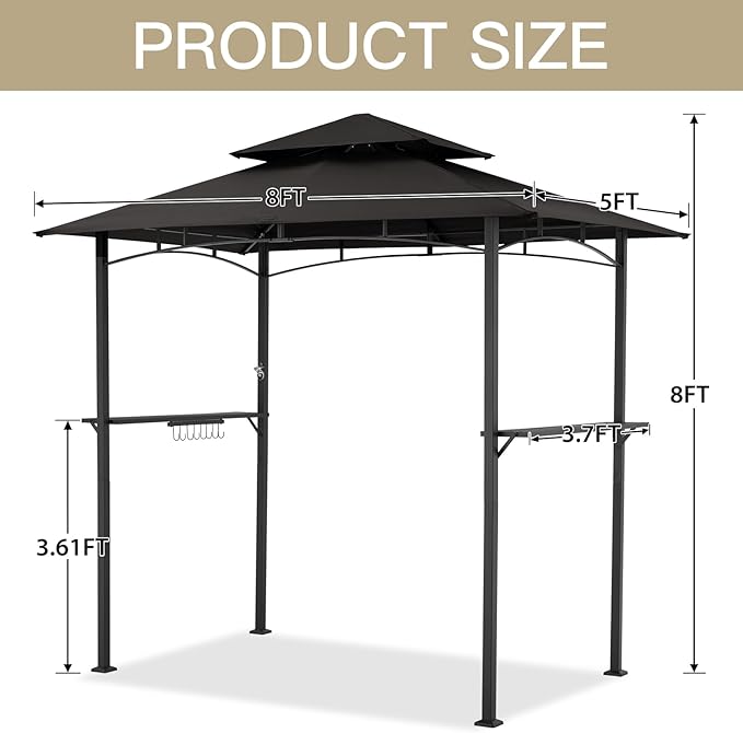 AECOJOY 8' x 5' Outdoor Grill Gazebo, BBQ Canopy for Outdoor Grill, 2- Tier BBQ Grill Gazebo Shelter for Patio, Backyard and More (Black)