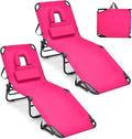 GYMAX Tanning Chair, 350lbs Beach Lounge Chair with Face Hole, Detachable Washable Pillow & Carry Strap, Adjustable Folding Chaise Lounge, Layout Chair for Outside, Patio, Poolside, Lawn (2, Pink)