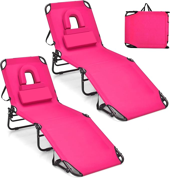 GYMAX Tanning Chair, 350lbs Beach Lounge Chair with Face Hole, Detachable Washable Pillow & Carry Strap, Adjustable Folding Chaise Lounge, Layout Chair for Outside, Patio, Poolside, Lawn (2, Pink)