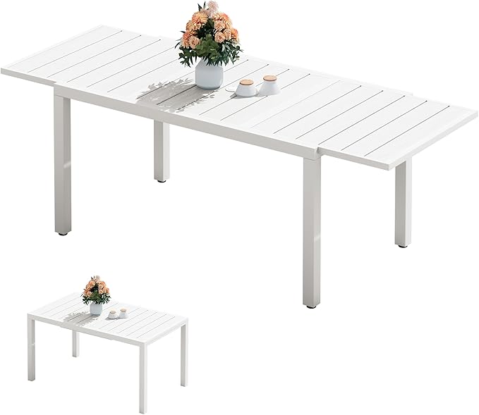 SERWALL Outdoor Expandable Dining Table 60" - 83", Patio Dining Table for 4-10 People, All Weather HDPE and Aluminum Outdoor Furniture for Backyard, Garden, White