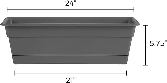 Bloem Dura Cotta Window Box Planter: 24" - Charcoal - with Tray, Weatherproof Resin Box, Removable Tray for Indoor & Outdoor Use, Gardening, 3 Gallon Capacity