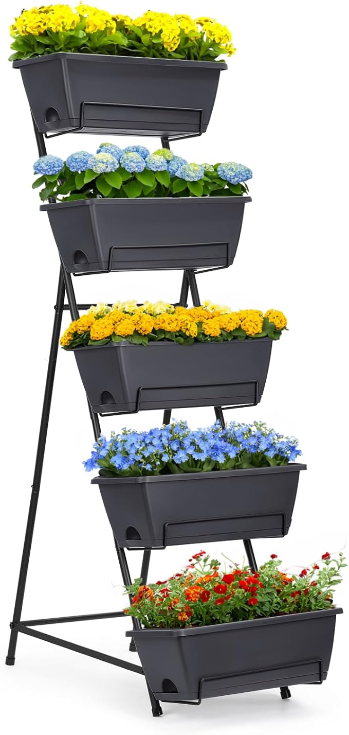 5 Tier Vertical Garden Planter Grey Herb Garden Planter for Outdoor Plants Vertical Raised Garden Bed Standing Tiered Flower Planter Boxes for Outdoor Garden Patio Yard