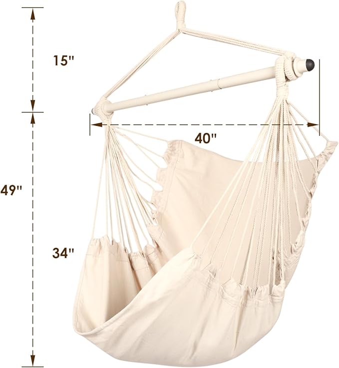 Highwild Hammock Chair Hanging Rope Swing - Max 500 Lbs - Steel Spreader Bar with Anti-Slip Rings - for Any Indoor or Outdoor Spaces (Beige)