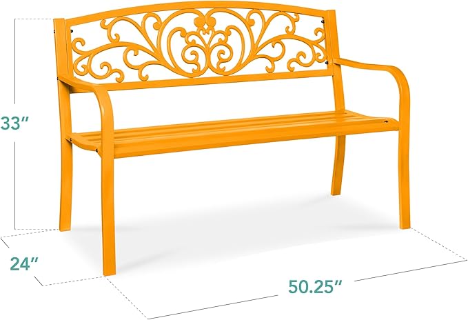 Best Choice Products Outdoor Bench Steel Garden Patio Porch Furniture for Lawn, Park, Deck w/Floral Design Backrest, Slatted Seat - Marigold