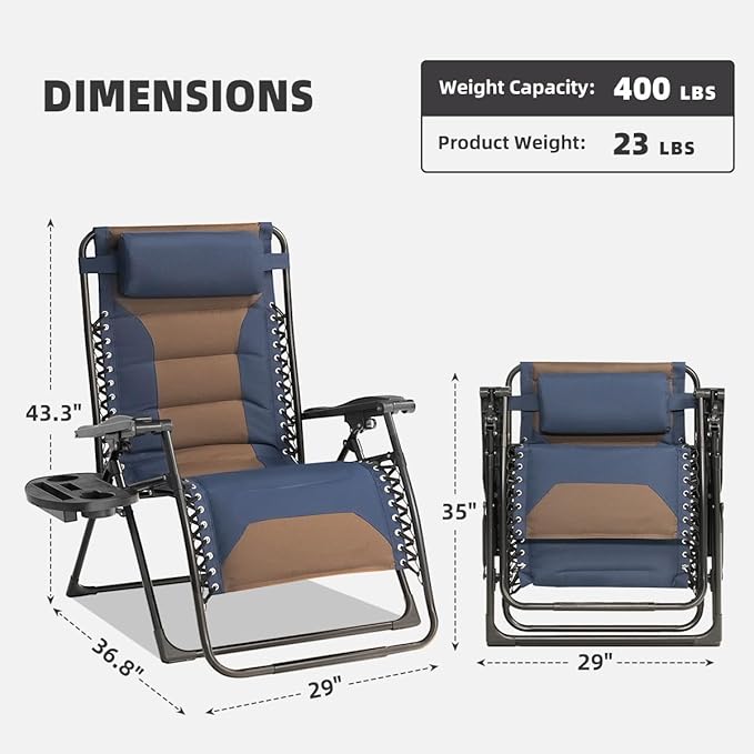 Zero Gravity Chair Set of 4 Oversized Padded Recliner with Adjustable Headrest & Cup Holder - 600D Oxford Folding Lounge Chair for Outdoor Camping, Patio, Poolside (Brown & Blue)