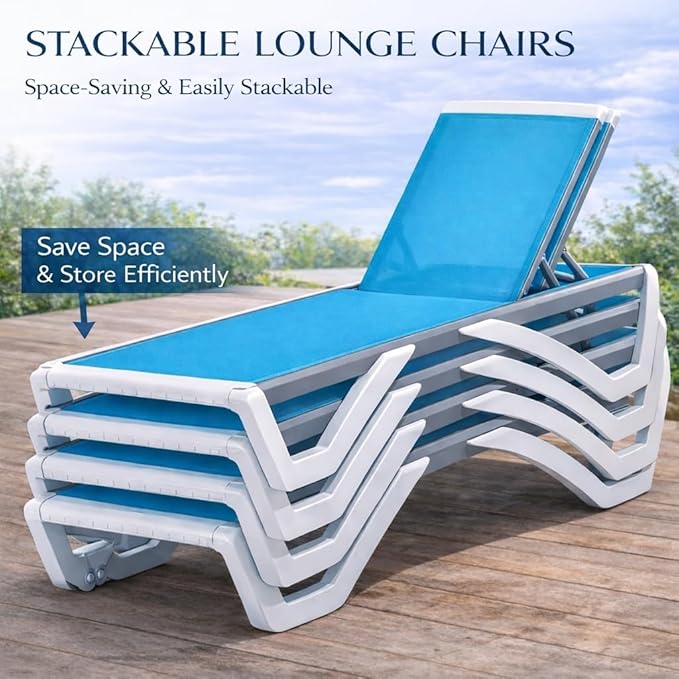 Kozyard Outdoor Chaise Lounge Chair, Full Flat Adjustable Patio Lounger with Aluminum Frame & Resin Legs, Textilene Fabric for Poolside, Backyard & Beach (Aqua/WhiteFrame, Chair + Table)