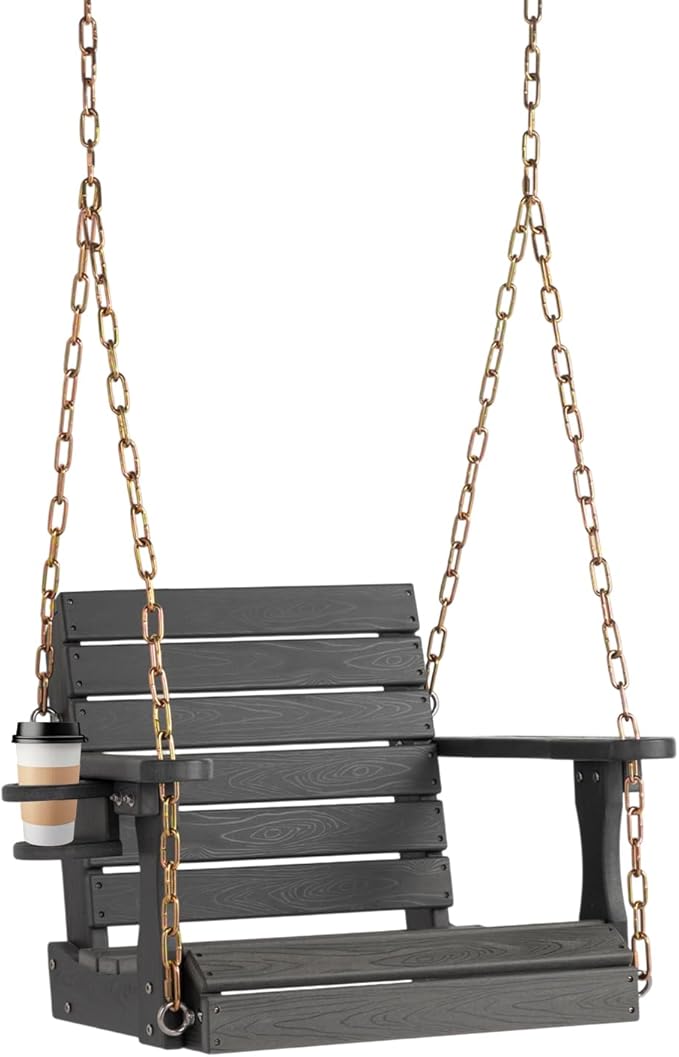 VINGLI Heavy Duty 880 LBS HDPE Porch Swing Outdoor with Rotatable Cup Holder, with Adjustable Chains, 1 Person Hanging Porch Swing Chair for Porch, Yard, Tree, Garden - Grey