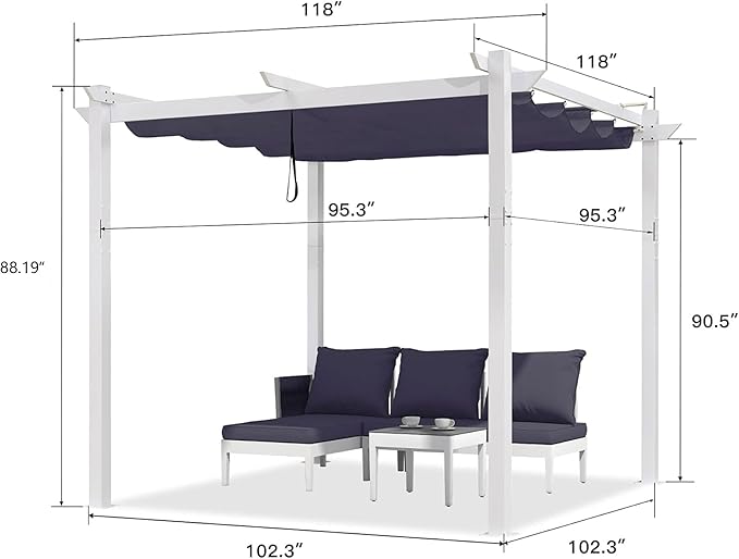 PURPLE LEAF 10' x 10' Outdoor Aluminum Pergola White Heavy-Duty Retractable Patio Metal Pergola with Double Sun Shade Canopy for Backyard Gardens Deck, Navy Blue