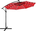 Yaheetech 10FT Solar Offset Umbrella with 32 LED Lights Cantilever Hanging Outdoor Umbrellas Handy Crank & Cross Base for Lawn/Deck/Backyard/Pool Red