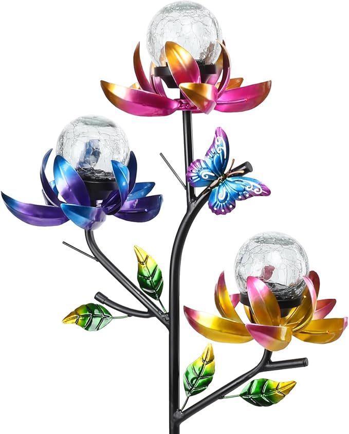 Solar Lights Outdoor Decorative Lotus Flowers Wind Spinner Garden Stake with LED Crackle Balls Solar Wind Sculpture Yard Art Decor for Patio, Lawn & Garden