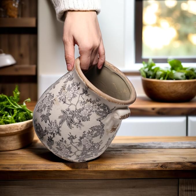 Rustic Farmhouse Ceramic Flower Pots, Vintage Antique Planters & Vase with Drainage Hole for Indoor/Outdoor, Handmade Crackle Glaze Terracotta Pottery Decor for Home Kitchen Office, Gardening Gifts