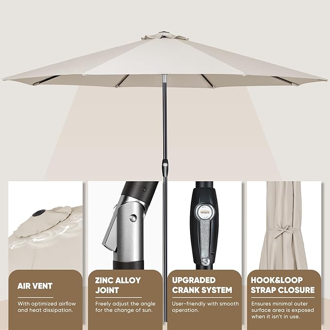 Tempera Patio Market Outdoor Table Umbrella with Auto Tilt and Crank, Large Sun Umbrella with Sturdy Pole & Fade Resistant Canopy, Easy to Set