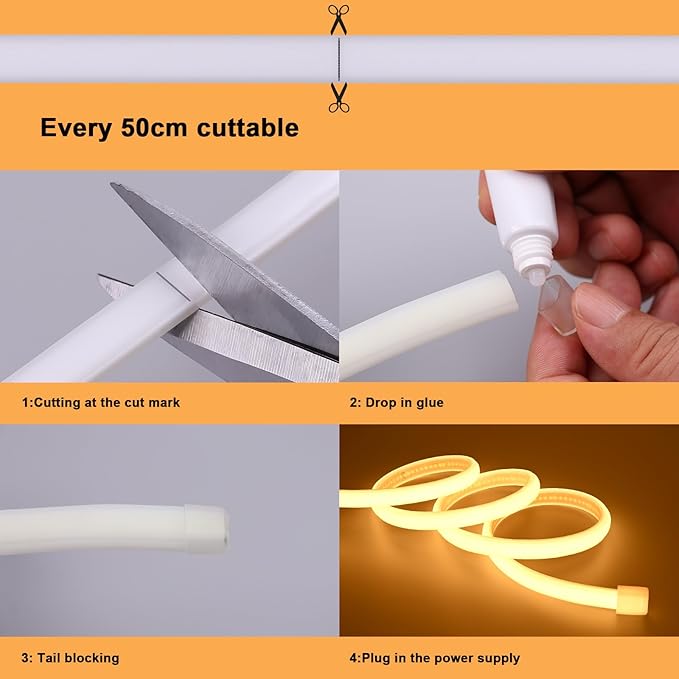 AC 110V COB LED Strip Lights Outdoor Waterproof 65.6ft, 2700K Warm White Super Bright 200W CRI 90+ LED Rope Light, IP65 Flexible Cuttable, for Bedroom Garden Commercial House