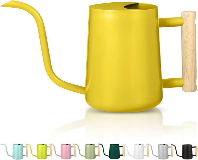 Watering Can Indoor Plants, 35oz Small Stainless Steel Metal Watering Can Modern Decorative Watering Pot with Long Spout for Indoor House Plant Bonsai Garden Flowers (Yellow)