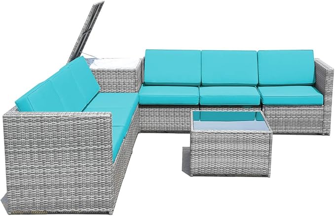 Tangkula 8 Pieces Wicker Patio Furniture Set with Storage Deck Box, PE Rattan Outdoor Sectional Conversation Set with Coffee Table & Cushions, Outside Furniture for Garden Yard Poolside (Turquoise)
