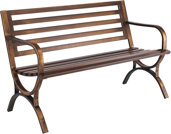 VEVOR Outdoor Bench, 50 inch, Carbon Steel Metal Frame with Slatted Pattern Backrest and Round Edge Armrests, Weatherproof Outside Bench for Patio, Garden, Park, Yard, Front Porch, Antique Bronze