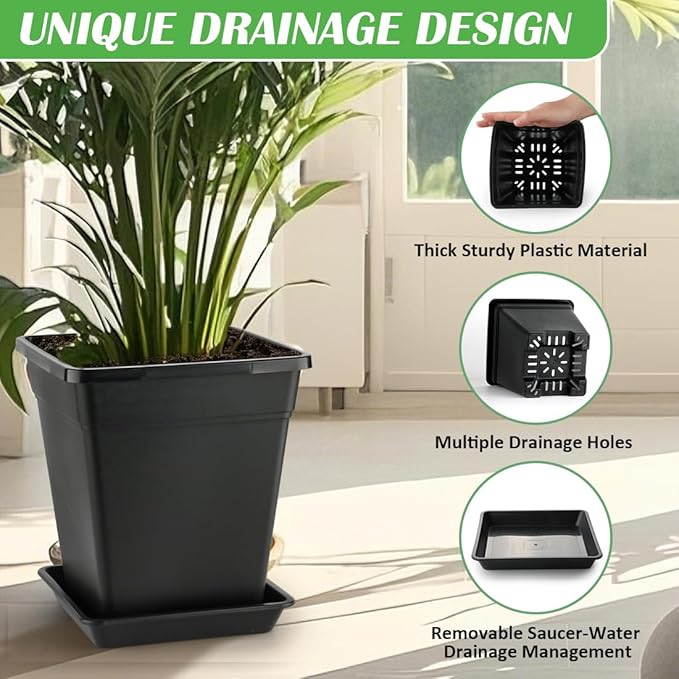 BTPLASTIK Plant Pots 10 Inch Set of 5, Large Square Plastic Planter with Drainage & Saucer, 5 Gallon Thick Outdoor Garden Pots Container for Outdoor Indoor, Flower Pots Planters