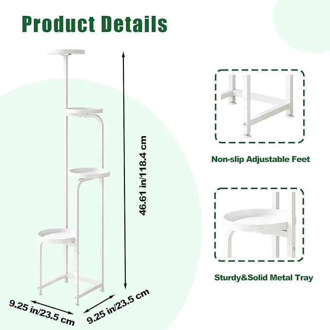 Plant Stand Indoor Outdoor 4 Tier Metal Plant Shelf for Multiple Plants Corner Flower Holders for Living Room Balcony Bedroom Patio Garden, Black (White, 4-Tier)