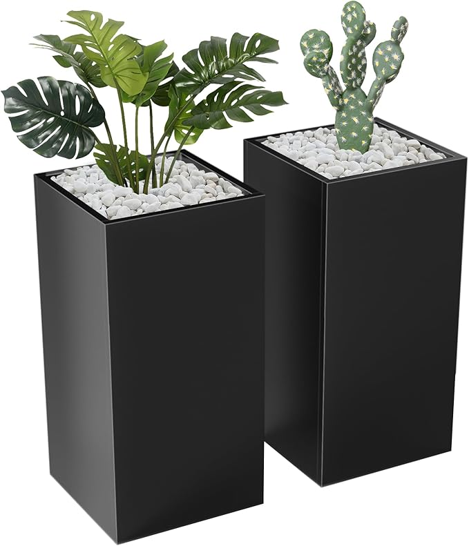 Metal Large Planter Box 15" L x 15" W x 30" H 2 Pack, Heavy Duty Tall Rectangle Outdoor Planter Box with Removable Insert Shelves for Porch, Garden, Patio, Yard (Black)