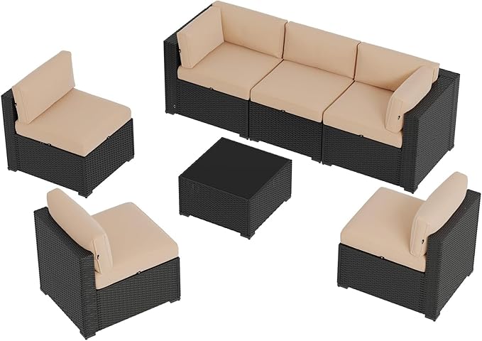 Aoxun 7 Piece Patio Furniture Set, Wicker Rattan Patio Sectional Sofa, Outdoor Furniture Set with Thickened Cushion, Beige
