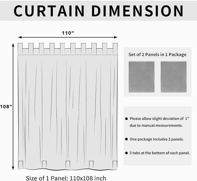 Easy-Going Outdoor Patio Curtains Detachable Tab Top Windproof Weatherproof Curtain for Cabana, Porch, Pergola and Gazebo, Tab Bottom Drape, 2 Panels, 110W x 108L inch, Light Grey