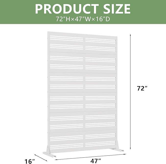 Casaphoria Metal Privacy Screen Outdoor, 72" H x 47" W Freestanding Decorative Privacy Screen for Patio Deck Balcony Garden with Stable Base, White-Harold