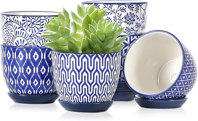 Selamica Ceramic Succulent Pots, 3.5 Inch Small Plant Pots for Indoor Plants Cactus Herbs, Succulent Planters with Drainage Holes & Saucers, Home Decor, Set of 6, Vintage Blue