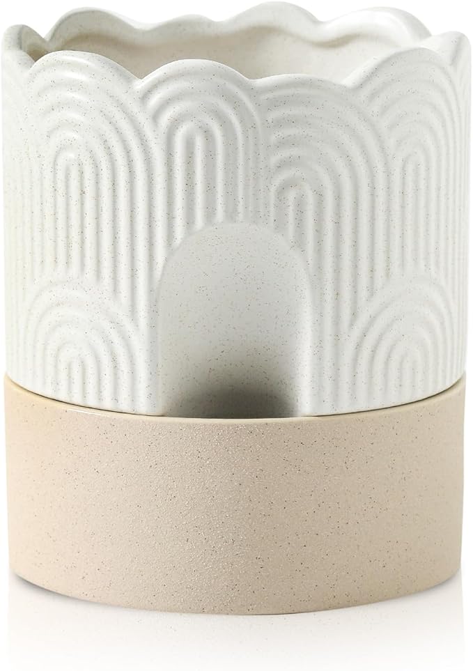 Nihow Self Watering Plant Pot: 6 Inch Ceramic Planter with Drainage Hole & Water Storage Plus - Relief Design Self Watering Pot for Indoor Plants - Beige & Nature Flower Pot