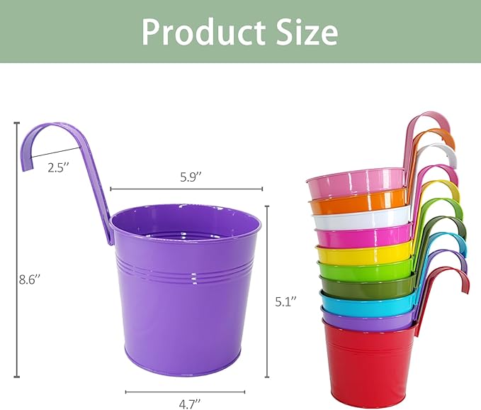 6 Inch Hanging Planters for Outdoor Plants, 10 Pack Metal Railing Planter, Rail Balcony Fence Flower Pot with Detachable Hooks, Colorful Garden Decor