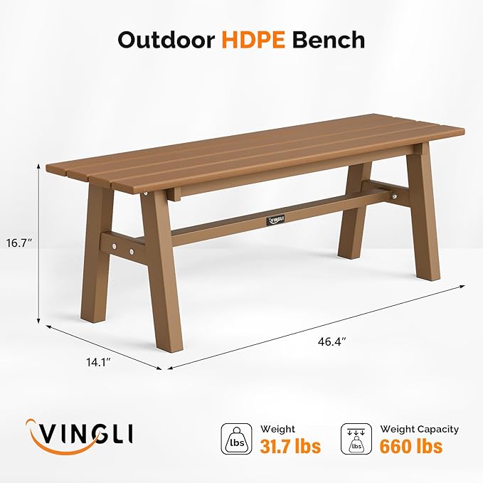 VINGLI 47” Outdoor Bench Garden Bench HDPE Porch Bench w/Metal Legs, Poly Lumber Patio Bench, 660 LBS Capacity Outdoor Backless Bench(Teak)