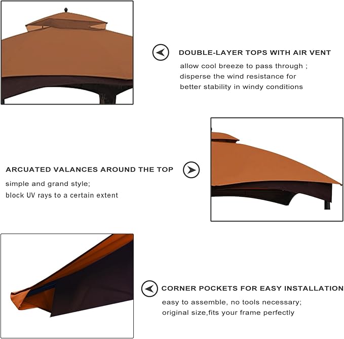 Eurmax USA High Performance Replacement Canopy Top for Lowe's Allen Roth Heavy Duty Gazebo Roof Gazebo Top with Air Vent 10X12 Cover #GF-12S004B-1, Replacement Top Only (Rust)