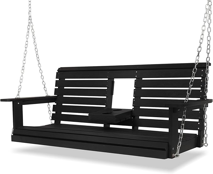 Poly Lumber 3-Seat Porch Swing, HIPS 5-Feet Bench Swing with Foldable Cup Holders,18/8 Stainless Steel Hardware, High Backrest and Deep Contoured Seat, Carbon Black