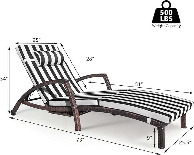 Chaise Lounge Chairs Outdoor Set of 6, Comfy Outside Wicker Patio Pool Lounge Chair w/ 5 Adjustable Back Angle, Cup Holder, Thicken Cushion