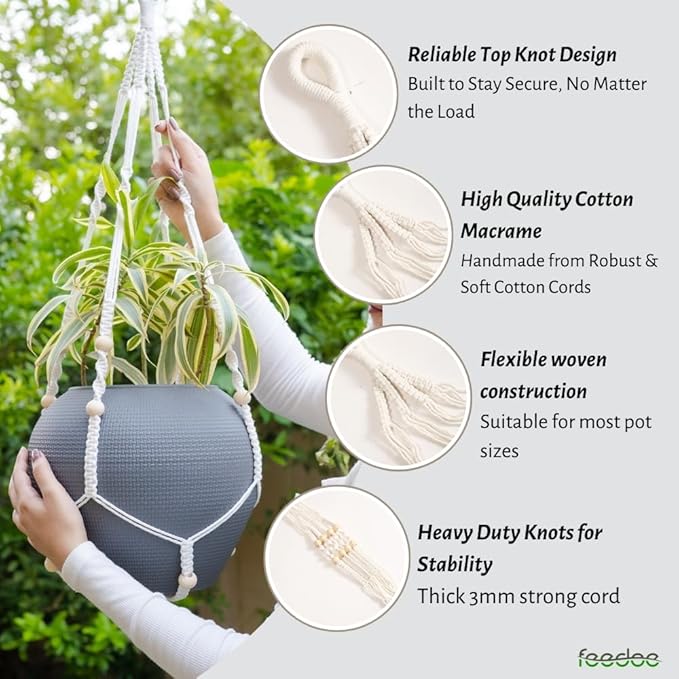 feedee Macrame Plant Hanger, Hanging Planters for Indoor Plants Holder with Wood Beads, Hanging Plant Holder for Indoor Outdoor, Gifts for Plant Lovers, Boho Home Decor Plant Hanger, Ivory