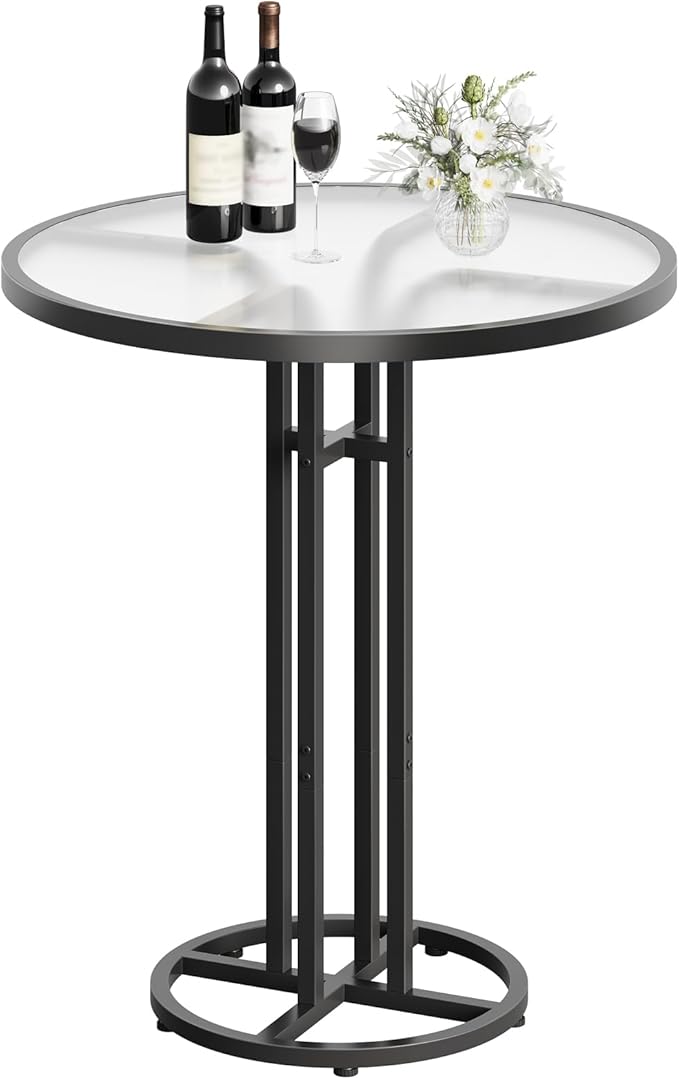 HOOBRO Bar Table, 23.6-Inch Round Pub Table, Frosted Glass Cocktail Table with Sturdy Iron Frame & Adjustable Feet, Modern Small Coffee for Home Bar, Kitchen, Living Room, Outdoor, Black BK96BT01