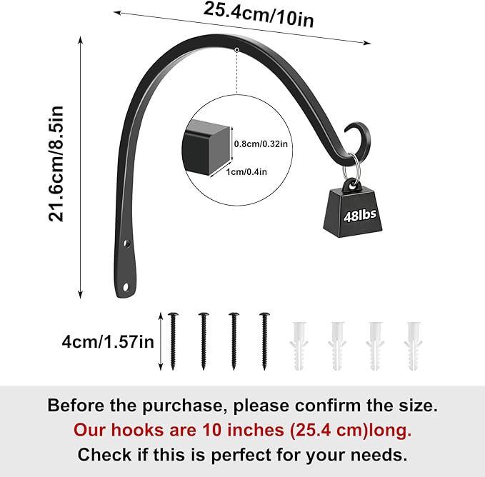 Gtongoko 2 Pack 10 Inch Plant Hangers Outdoor Metal, Plant Hooks for Wall Indoor, Outdoor Hooks for Hanging Bird Feeders, Plant Bracket, Lanterns, Wind Chinme, Black