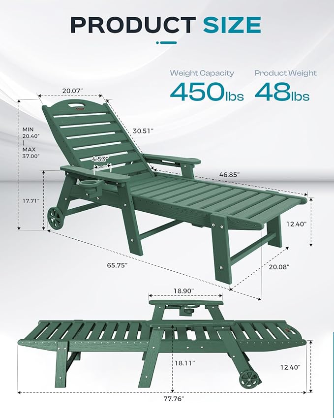 Ciokea Lounge Chair Outdoor, Oversized Chaise Lounge Chair with 5 Positions, HDPE, Patio Lounge Chair with Wheels & Cup Holder for Pool, Deck, Poolside, Green