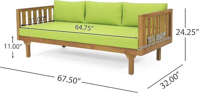 Claremont Outdoor 3 Seater Daybed with Cushions - Acacia Wood - Teak/Green
