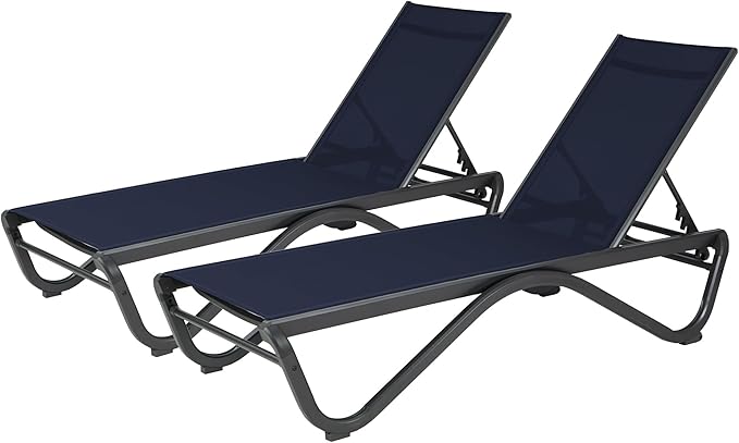 Kozyard Outdoor Chaise Lounge Chair, Full Aluminum Frame, Adjustable Reclining Patio Lounger for Poolside, Sunbathing & Backyard, Textilene (NavyBlue, 2Chairs)
