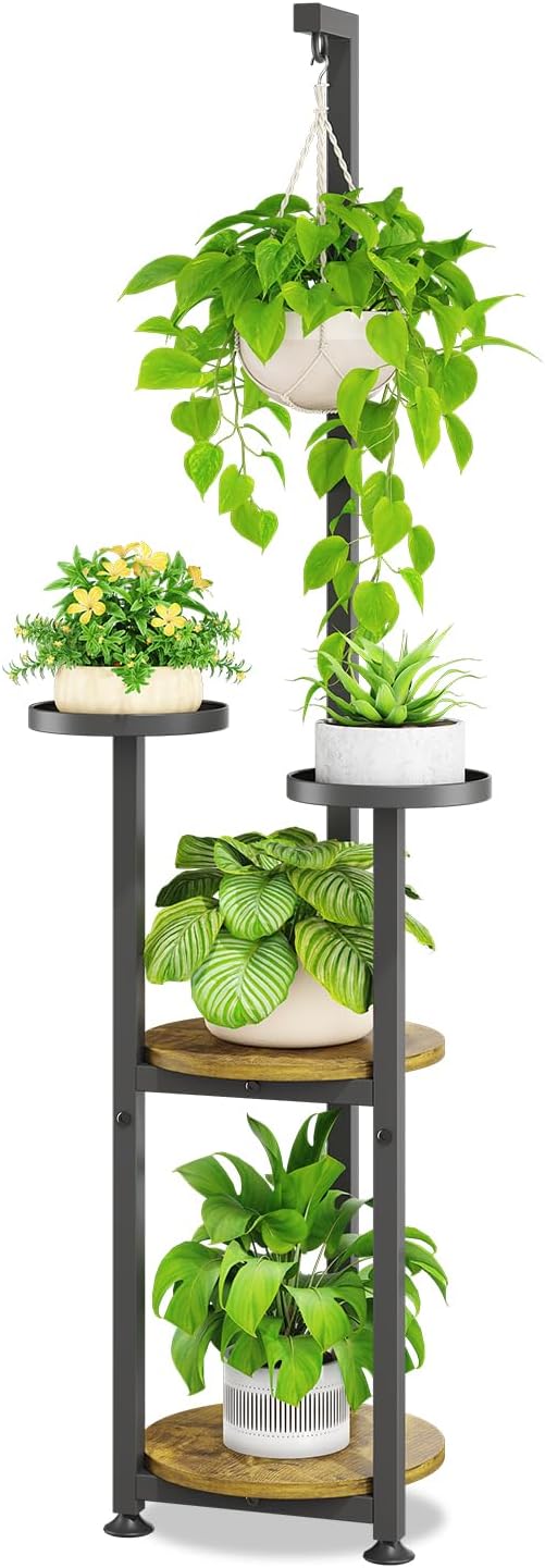 iDavosic.ly 4 Tier Hanging Plant Stand Indoor, Tall Vertical Corner Metal Flower Heavy Duty Pot Holder Shelf for Patio Porch Living Room, Modern Black & Rustic Brown - Round