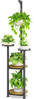 iDavosic.ly 4 Tier Hanging Plant Stand Indoor, Tall Vertical Corner Metal Flower Heavy Duty Pot Holder Shelf for Patio Porch Living Room, Modern Black & Rustic Brown - Round