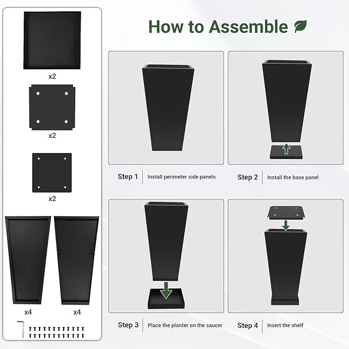 Tall Planters 18" H - 2 Pack, Tapered Pots with Drainage Insert Shelve & Trays, Metal Outdoor Planter Box for Porch, Garden, Patio, Yard (Black)