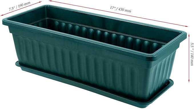 JOIKIT 6 Packs 17 x 7.5 x 5.5 Inch Plastic Window Planter Boxes with Trays, Plastic Vegetable Planter with 30 Plant Label, Countryside Flower Box Pot for Garden Windowsill Patio Balcony, Dark Green