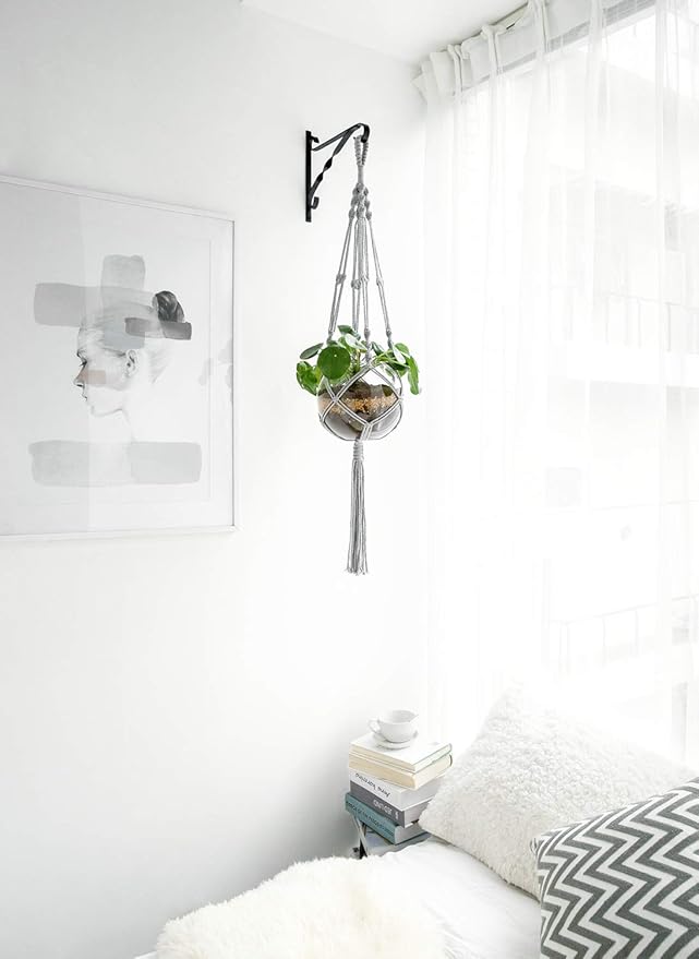 Mkono Macrame Plant Hangers Indoor Outdoor Hanging Planter Basket Cotton Rope 4 Legs 41 Inch, 1 Pack, Grey