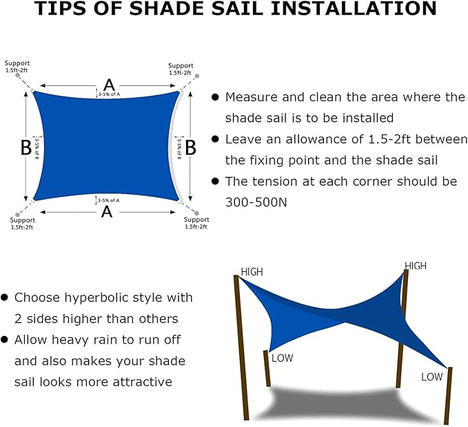 KANAGAWA Sun Shade Sail 7'x13' Blue Rectangle UV Block Canopy Awning Shelter Fabric Cloth Screen for Outdoor Patio Garden Backyard
