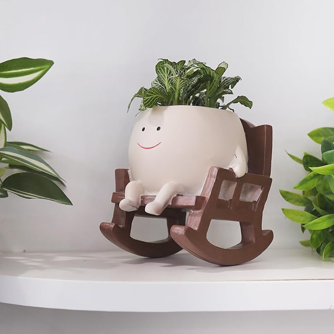 Smiley Face Rocking Chair Planters Flower Pots for Plants Funny Succulents Plant Live Cute Resin Head Planter for Indoor Outdoor Plants Gift Ideas for Mother and Christmas (Small)