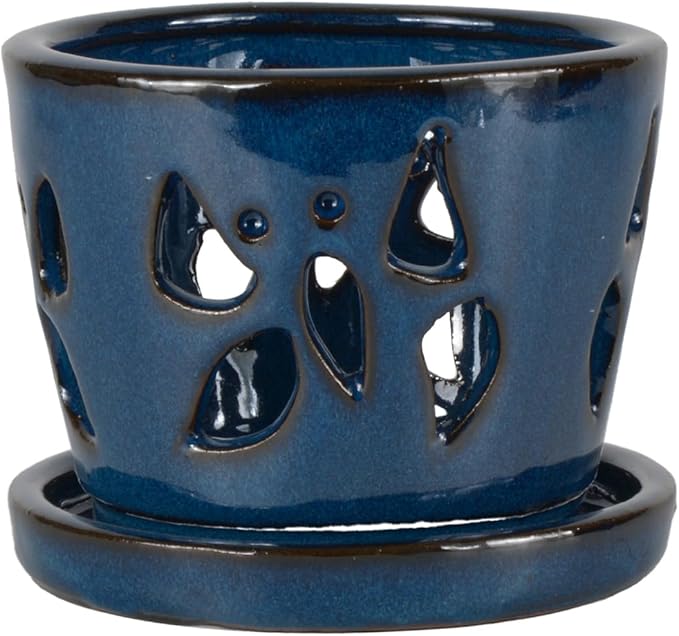 W&W Orchid Pot with Holes and Saucer for Repotting, Blue, 5 Inch
