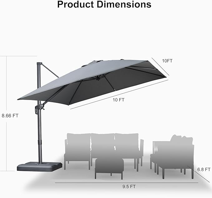PURPLE LEAF Patio Umbrella 10' X 10' Rectangle Cantilever Umbrella Large Aluminum Outdoor Umbrellas with 360-degree Rotation & UPF40+ Premium Fabric for Deck Pool Garden Yard, Mist Grey