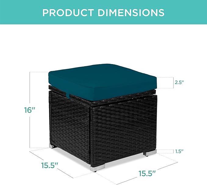 Best Choice Products Set of 2 Wicker Ottomans, Multipurpose Outdoor Furniture for Patio, Backyard, Additional Seating, Footrest, Side Table w/Storage, Removable Cushions - Peacock Blue/Black